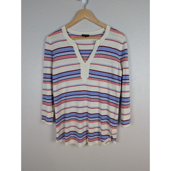 Talbots Womans Linen Blend Split Neck Sweater Striped Ivory Sz Small Coastal 141 - Picture 3 of 9